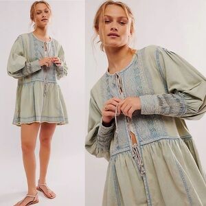 FREE PEOPLE Sweet Summer Bed Jacket NEW Chambray Embroidered Cotton Linen Jacket